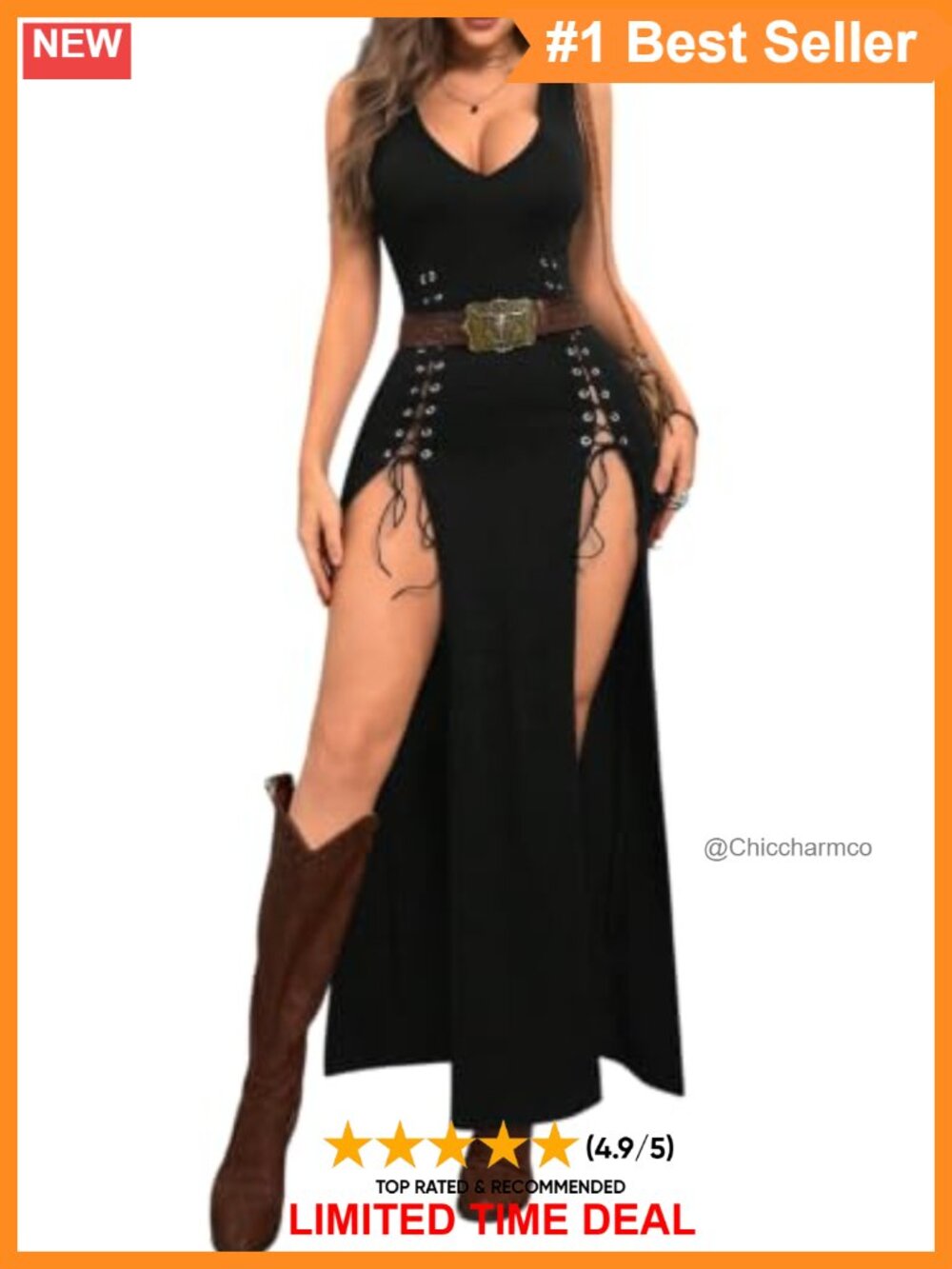 Gothic Bodycon Midi Dress V-Neck High Slit Sleeveless Party Club